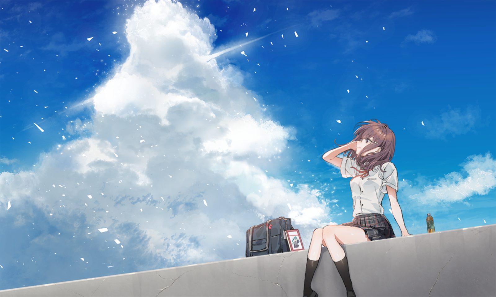 青空と入道雲を背に、防波堤に腰かける少女